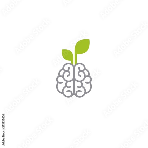 Gray line brain with green leaves icon. Intellect, phsychology, knowledge simple pictogram isolated on white.