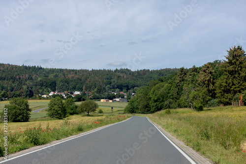 Curving road between fields and trees in Germany Langgöns in Sommer