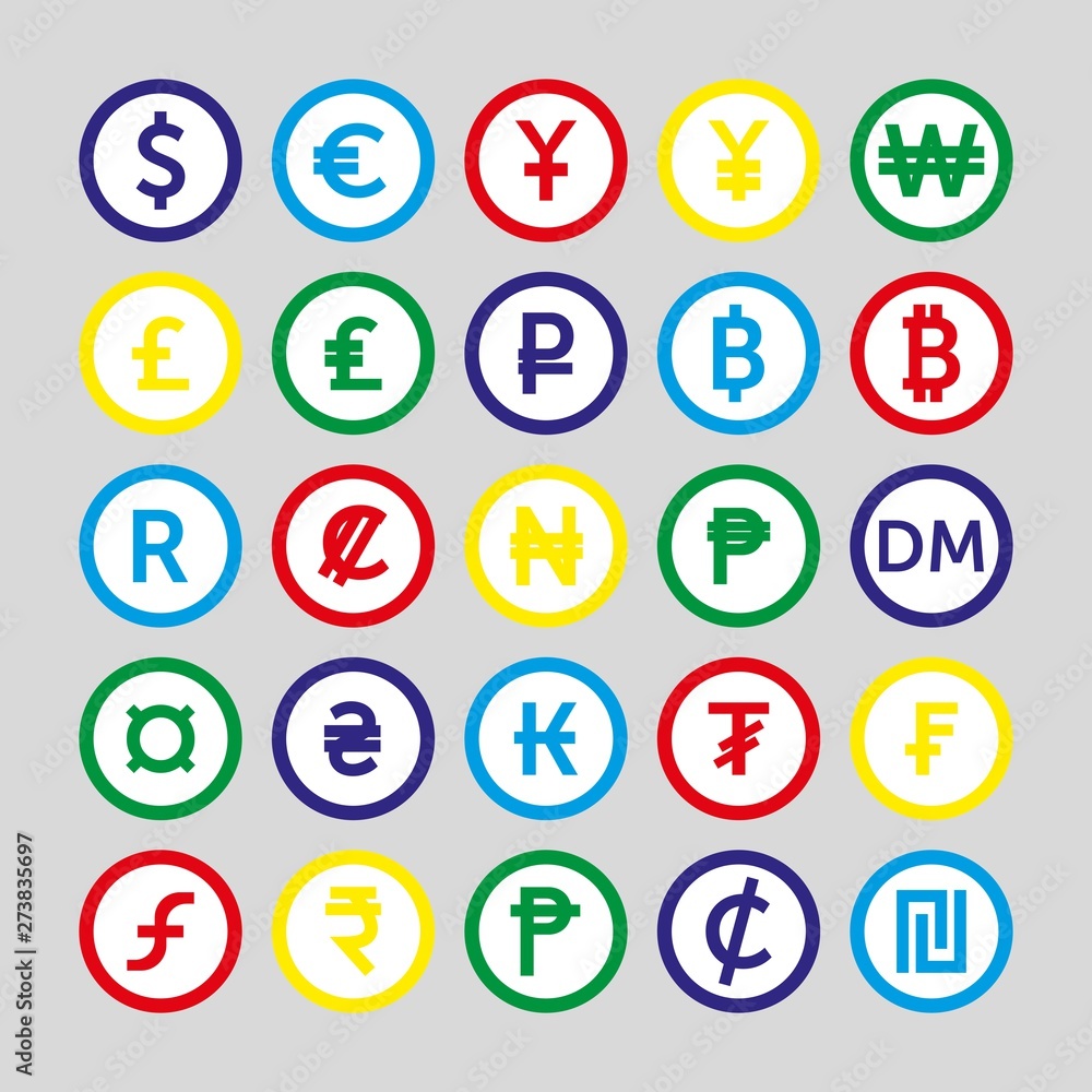 Vector image of set of currency icons. Vector image of set of currency icons.