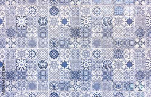 White and blue geometric azulejo tile wall texture or background