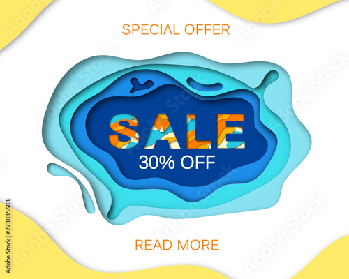 Summer sale banner with paper cut frame on blue sea and beach summer background with curve paper waves and seacoast for banner, flyer, poster or web site design. Paper cut style, vector illustration
