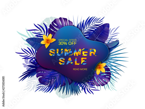 Summer sale banner template. Tropical backdrop. Summer abstract geometric background with palm leaves and flowers.Promo badge for your seasonal design. Vector illustration.