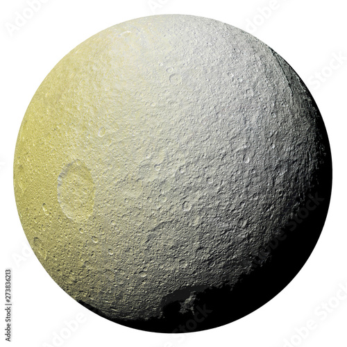 Saturn's icy moon Tethys isolated on white background. The elements of this image furnished by NASA. photo