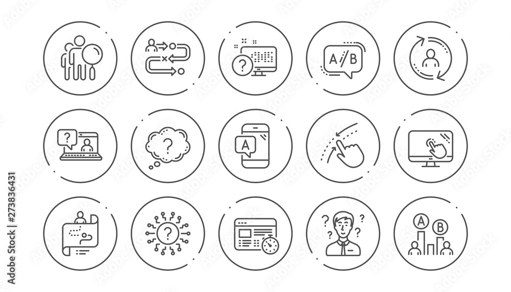 UX line icons. AB testing, Journey path map and Question mark. Quiz test linear icon set. Line buttons with icon. Editable stroke. Vector