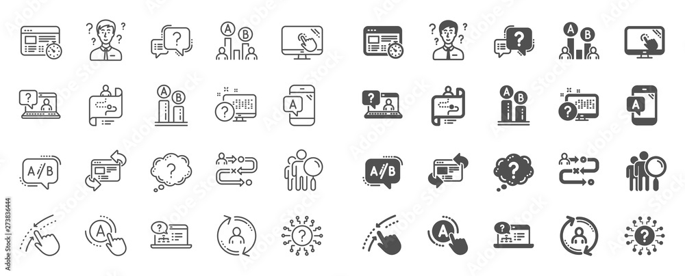 UX line icons. Set of AB testing, Journey path map and Question mark icons. Usability quiz test, Ux Ui and User flow. Project process, ab testing graph, survey test results. Quiz question. Vector