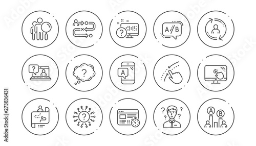 UX line icons. AB testing, Journey path map and Question mark. Quiz test linear icon set. Line buttons with icon. Editable stroke. Vector