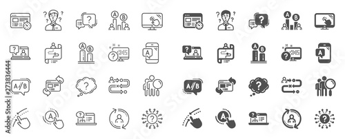 UX line icons. Set of AB testing, Journey path map and Question mark icons. Usability quiz test, Ux Ui and User flow. Project process, ab testing graph, survey test results. Quiz question. Vector
