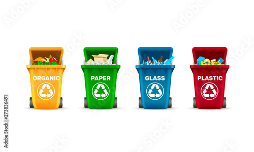Waste bins, waste sorting, organic plastic glass and paper, a set of colored containers