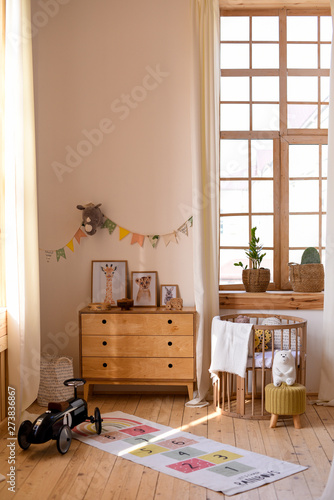 Children's room interior with wood furniture
