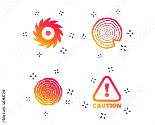 Wood and saw circular wheel icons. Attention caution symbol. Sawmill or woodworking factory signs. Random dynamic shapes. Gradient sawmill icon. Vector