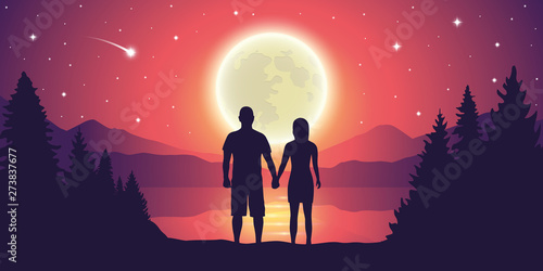 couple looks to the full moon and falling stars at beautiful lake vector illustration EPS10