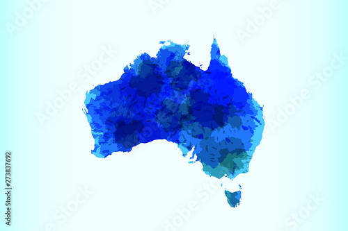 Australia watercolor map vector illustration in blue color on light background using paint brush on paper