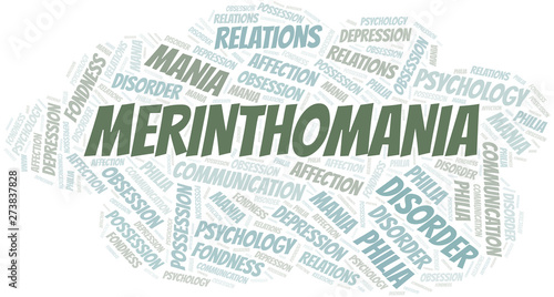 Merinthomania word cloud. Type of mania, made with text only.