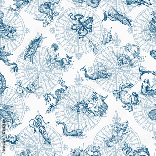 Mythological vintage sea monster. Monochrome Hand drawn sketch. Vector seamless pattern for boy. Detail of the old geographical maps of sea.