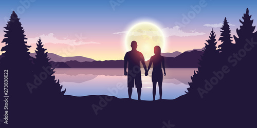 young couple looks to the full moon at beautiful lake vector illustration EPS10