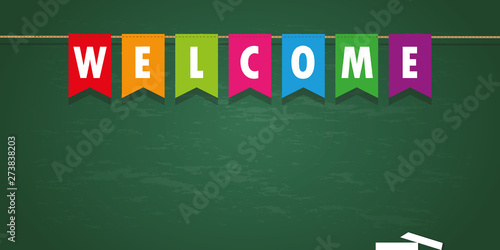 welcome party flag banner on school black board background vector illustration EPS10