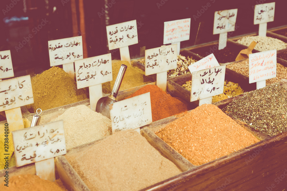 Fototapeta premium Spices on the market in Amman downtown, Jordan. Choice of Arabic spices on the Middle East bazaar.