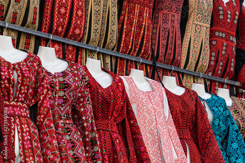 Traditional colorful woman bedouin dresses in Jordan. Handmade fashion style.