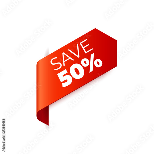 Red Vector Banner Ribbon on white background, left bookmark, save 50 percent