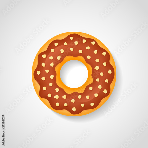 Sweet donut with chocolate glaze and nuts isolated on white background. Vector illustration.