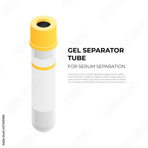 Gel separator tube vacutainer for serum separation in isometric design, vector medical illustration isolated on white background. Vacuum tube with yellow cap infographic element, tube isometric icon.