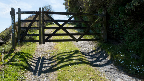 Rustic gate with shadow in farm track