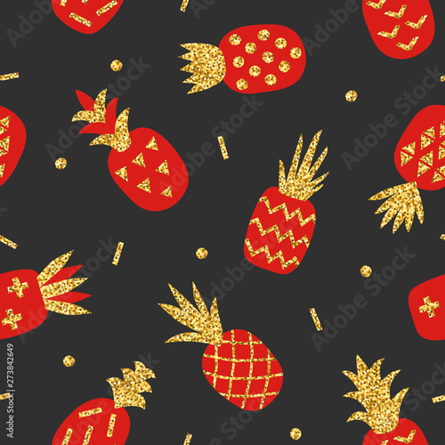 Creative seamless pattern of red pineapple with gold glitter texture on black background. Geometric ornament, stylish background. Vector illustration with hand drawn cute pineapple