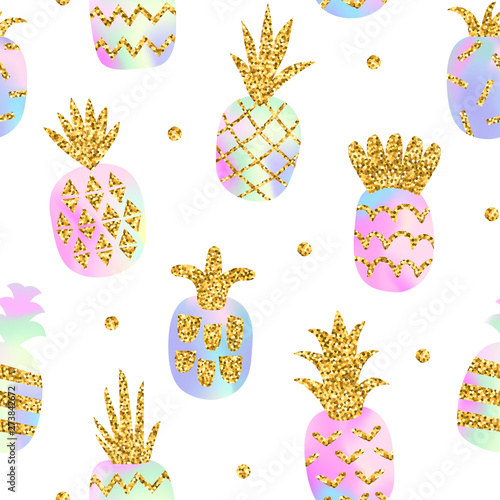 Seamless pattern of holographic pineapple with gold glitter texture. Creative stylish background, trendy gradient. Vector illustration