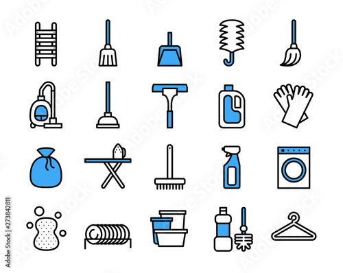 Cleaning Equipment icon set. Vector thin line style.