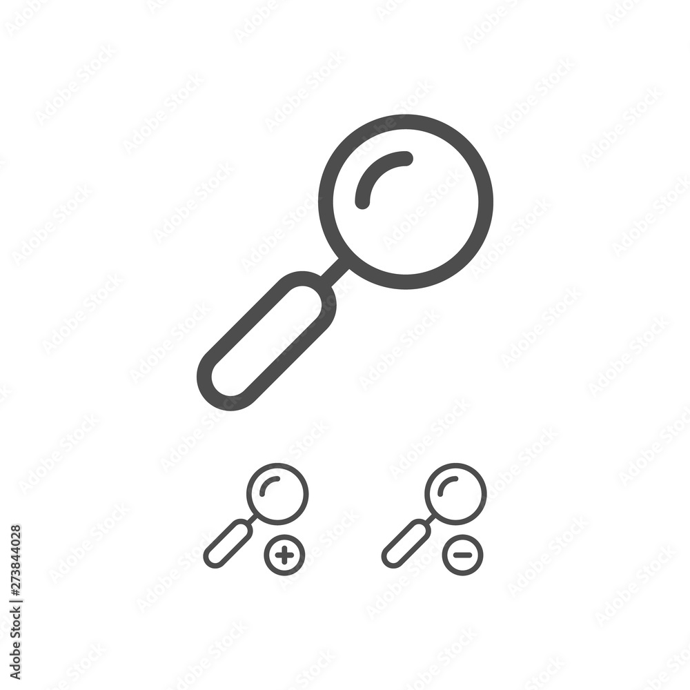 Magnifying glass, zoom in, zoom out line icons Magnifying glass, zoom in, zoom out line icons