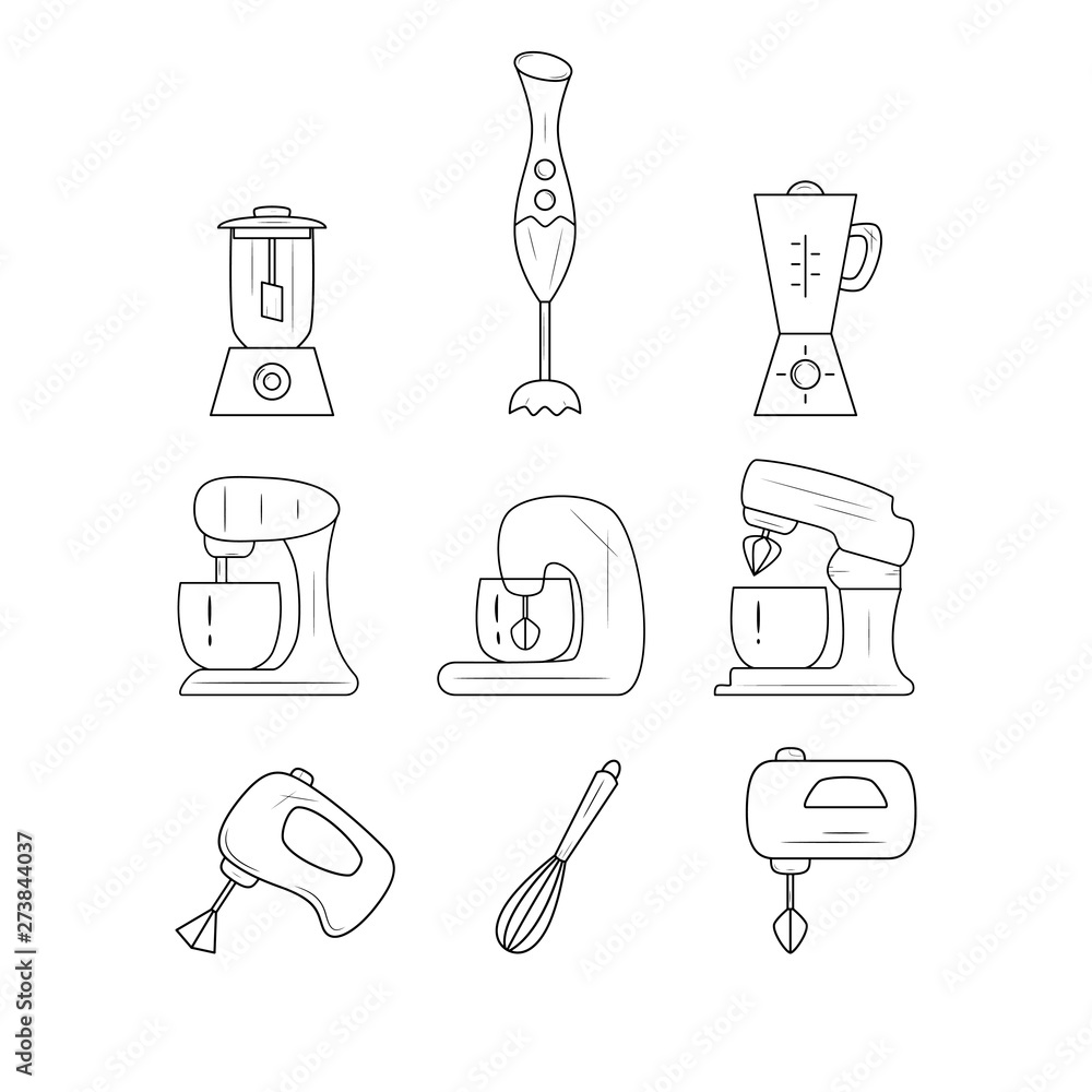 Set of kitchen accessories - whisk, mixer, blender. Black and white icons.  Vector illustration. Stock Vector | Adobe Stock