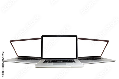Front view of three laptops with blank, empty screens for multi functionality, isolated on white background