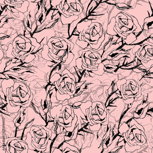 Seamless pattern with peony flowers. Hand drawn ink graphics. Vintage style. Design suitable for fabric, wallpaper, wrapping paper, postcards, posters.