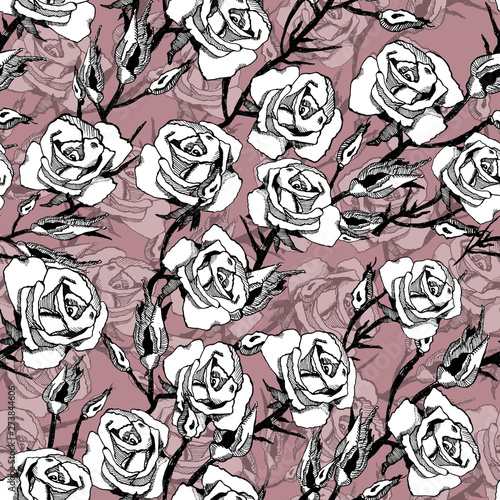 Seamless pattern with roses flowers. Hand drawn ink graphics. Vintage style. Design suitable for fabric, wallpaper, wrapping paper, postcards, posters.