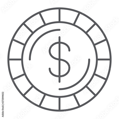 Money coin thin line icon, finance and money, cent sign, vector graphics, a linear pattern on a white background.