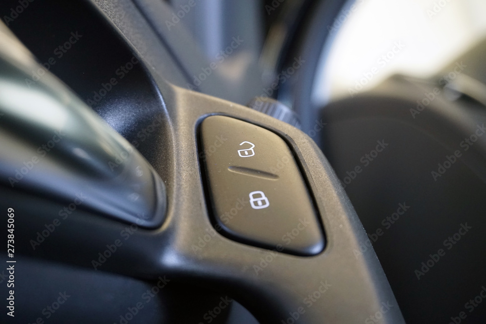 Close Up shot of button locking doors in car. Interior of a modern car. The door trim of a modern car.