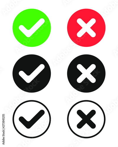 Check mark icons set. Ticks and crosses symbols. Buttons with check marks and crosses. Round marks Isolated on white background. Vector illustration