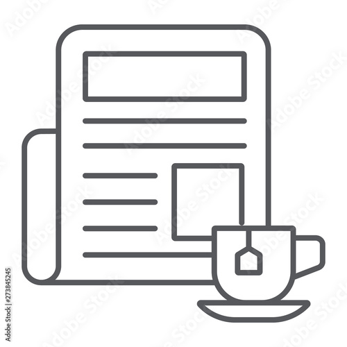 Newspaper with cup thin line icon, morning and news, daily newspaper sign, vector graphics, a linear pattern on a white background.