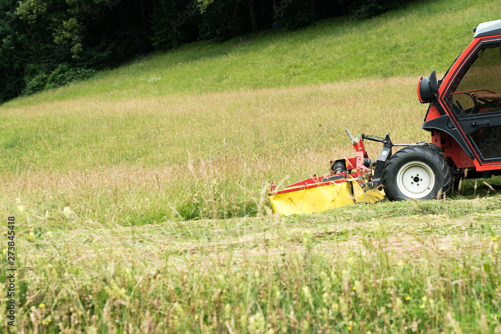 Obraz premium small tractor with mower in front cutting a steep hillside wildflower meadow in the Alps for hay