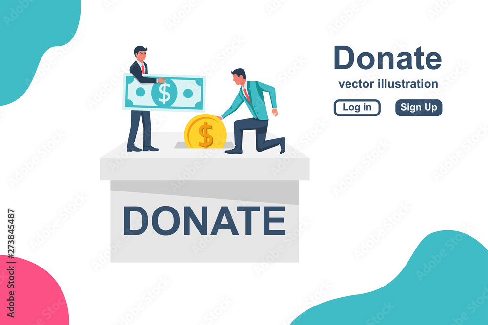Template landing page concept donation. Man throws money in a box for donations. Dollar banknotes hold in hand. Box with people isolated on background. Giving money. Vector illustration flat design.