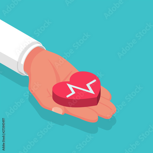 Electrocardiography concept. Cardiology ECG and EKG. Doctor holding a heart in hand. Red heartbeat. Vector illustration isometric 3d design. Isolated on background. Give life. Protection of health.