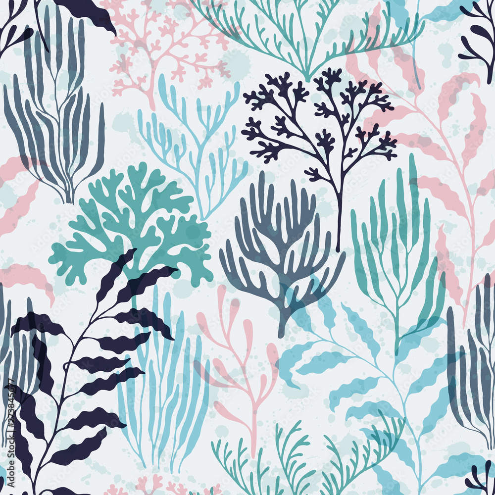 Fototapeta premium Ocean corals seamless pattern., Tropical coral reef bush silhouette elements.