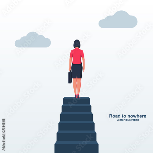 Road to nowhere landing page. Businesswoman is standing at the top of the stairs. Vector illustration flat design. Isolated on white background. Female at top of the cliff.