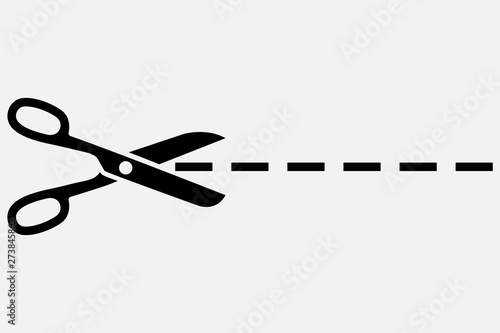 Black icon scissors with cut lines. Vector illustration flat design. Isolated on white background.