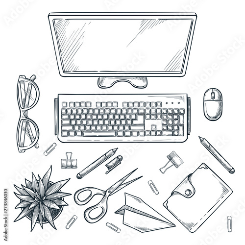Workplace, vector sketch top view illustration. Office table with computer monitor, cactus and stationery.