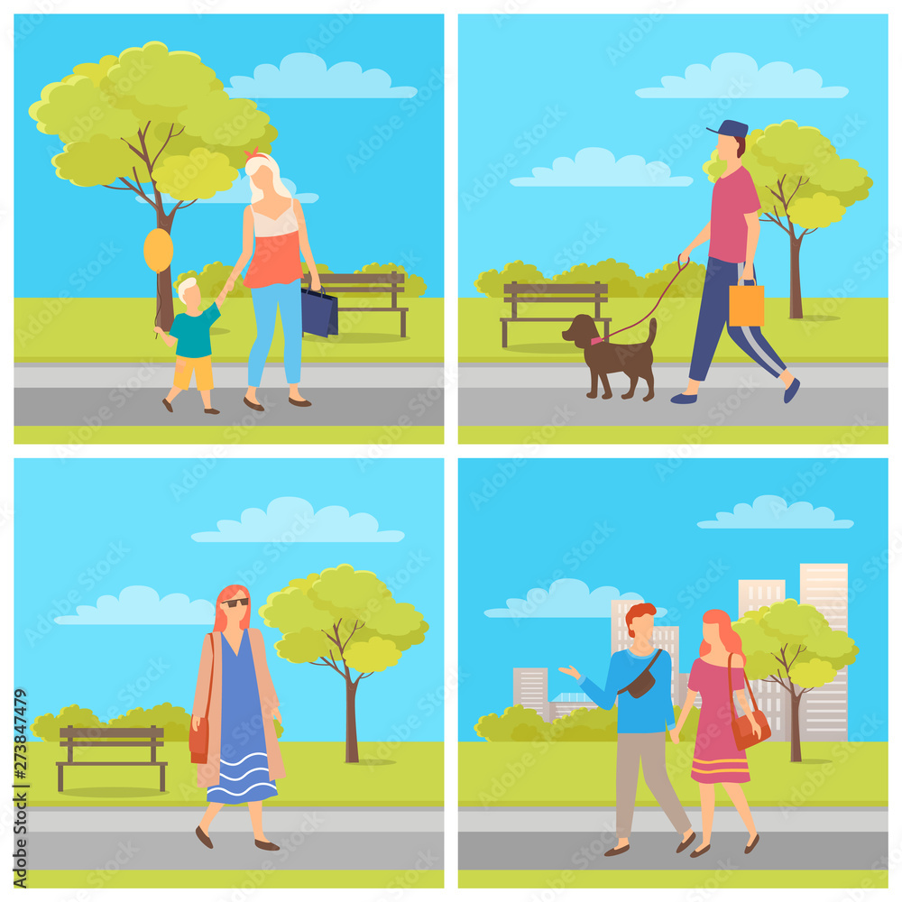 Fototapeta premium People in park set, mom and son, man with dog, couple dating and woman going outdoor, person character in casual clothes, leisure or weekend vector