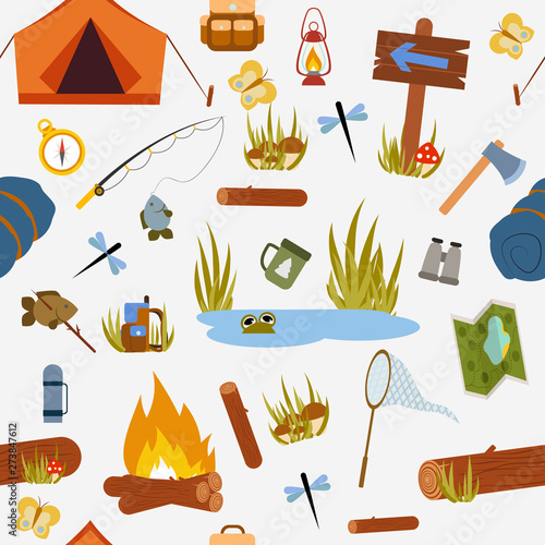 Seamless pattern. Hiking and camping. Vector illustration