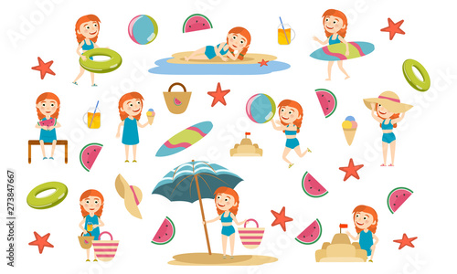 Set redhead girl with pigtails on the beach. Summer holidays. Beach games  relax and surfing. Vector illustration
