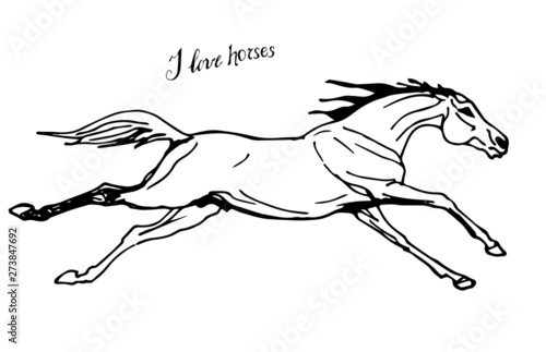 vector isolated image of prancing drawn heavy horses on white background and the inscription letteing 