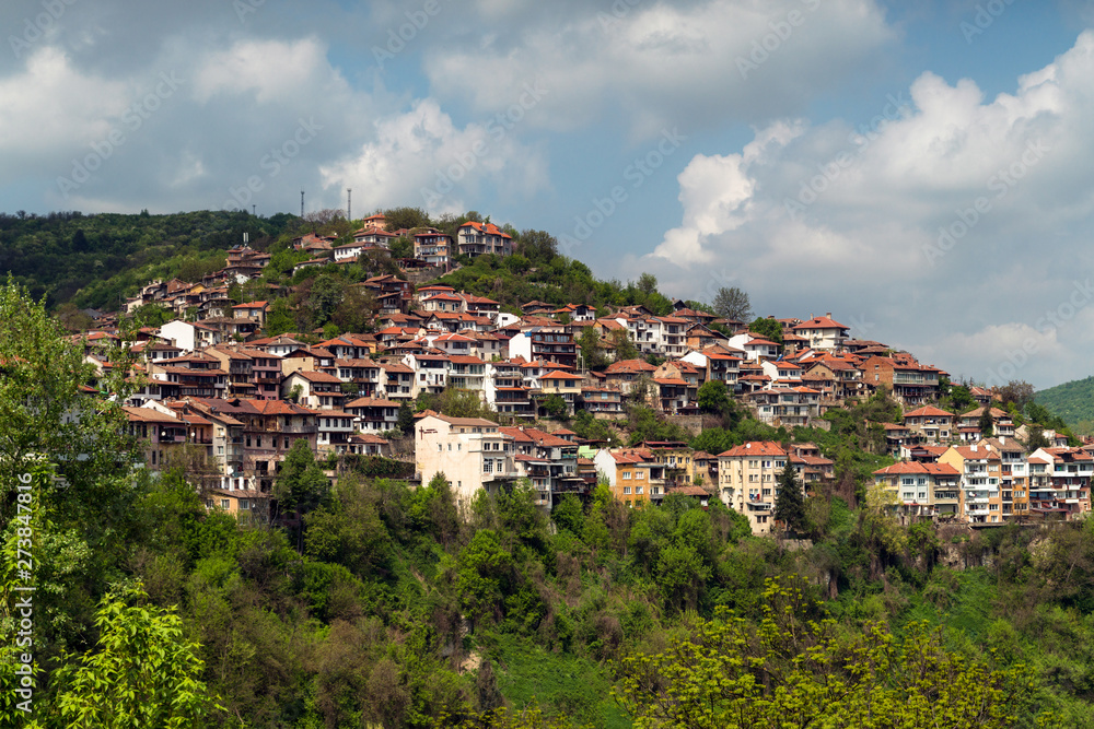 Homes on the cliff among the mountain scenery. Balkan houses